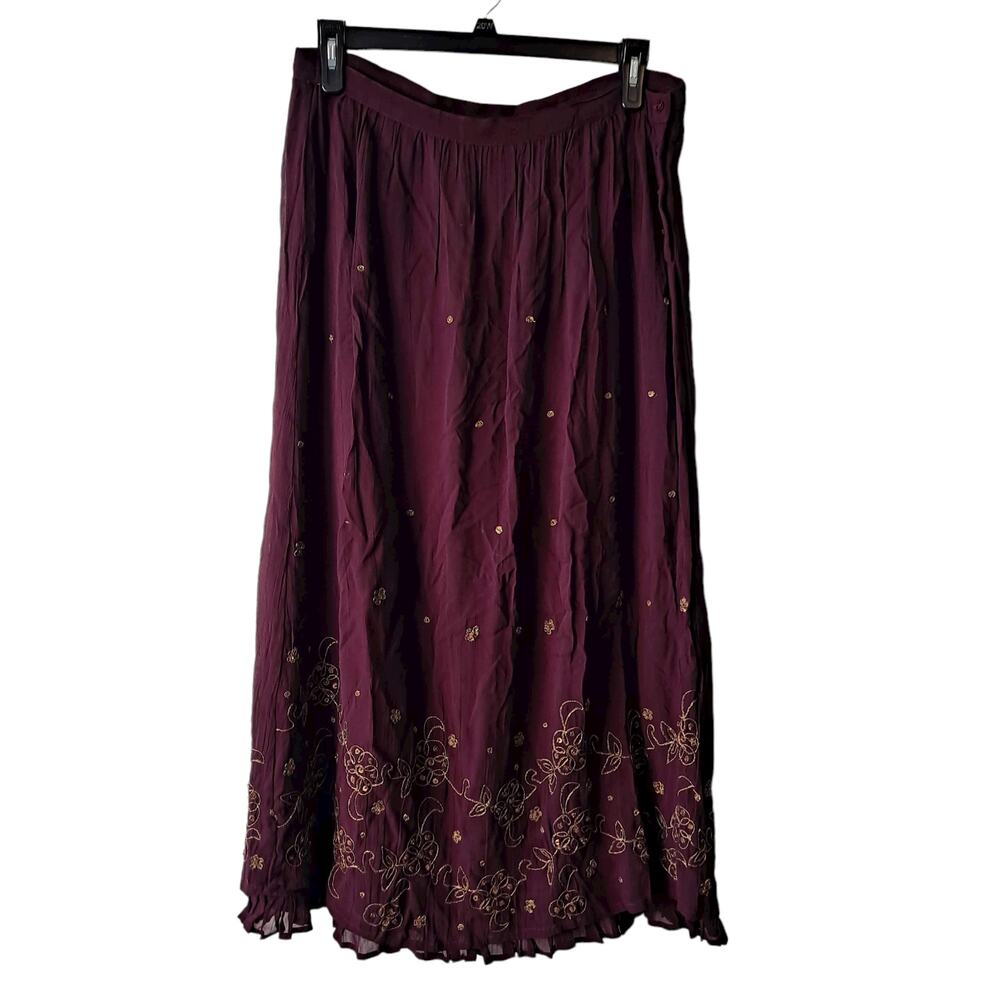 April Cornell Burgundy Wine  & Gold Embroidered Full / Gathered Maxi Skirt - M